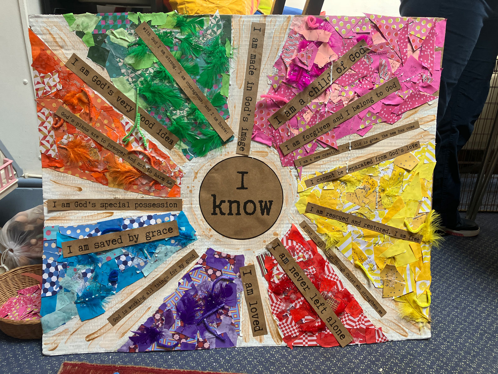 Colourful collage with phrases about God starting "I know"...